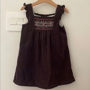 Janie and Jack Girls Brown Corduroy Dress | Ruffle Trim Embroidered Sleeveless